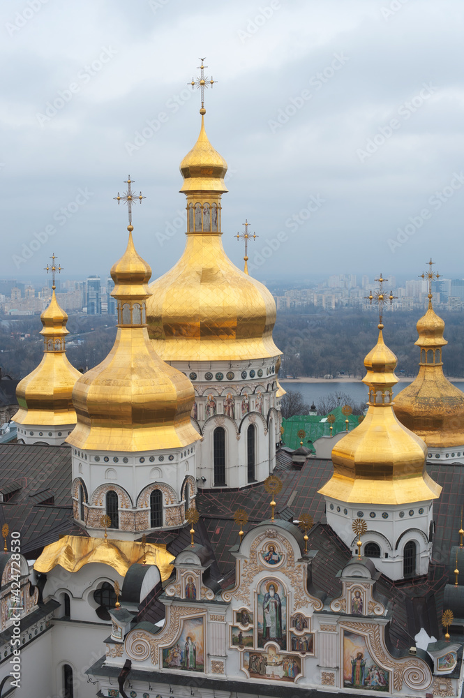 Close up detail view of ukrainian Orthodox church cupolas