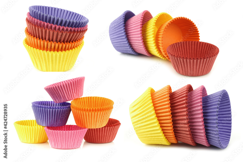 colorful empty muffin cups on a white background colorful empty muffin cups on a white background