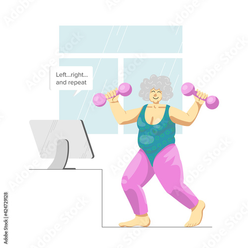 Vector image of an elderly happy lady doing aerobics as her home sport activity. Smiling senior woman lunging with dumbbells. Isolated character illustration on white background. Active retirement.