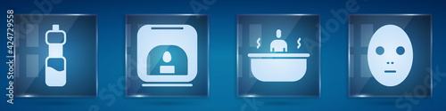 Set Bottle of water, Aroma lamp, Bathtub and Facial cosmetic mask. Square glass panels. Vector