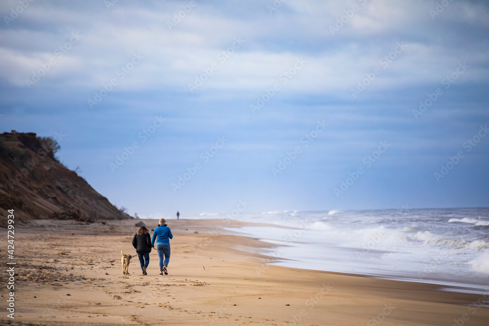 A couple walking with the dog on the beach with the strong  Atlantic waves crashing on the background.