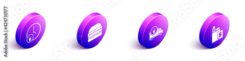 Set Isometric Round the clock delivery, Burger, Fast delivery by car and Online ordering and delivery icon. Vector