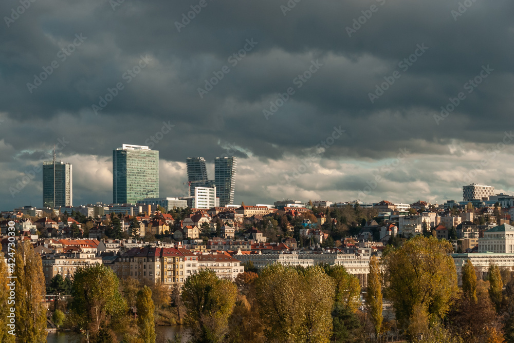 Scenery of Pankrac, modern district with skyscrapers in Prague, Czech Republic
