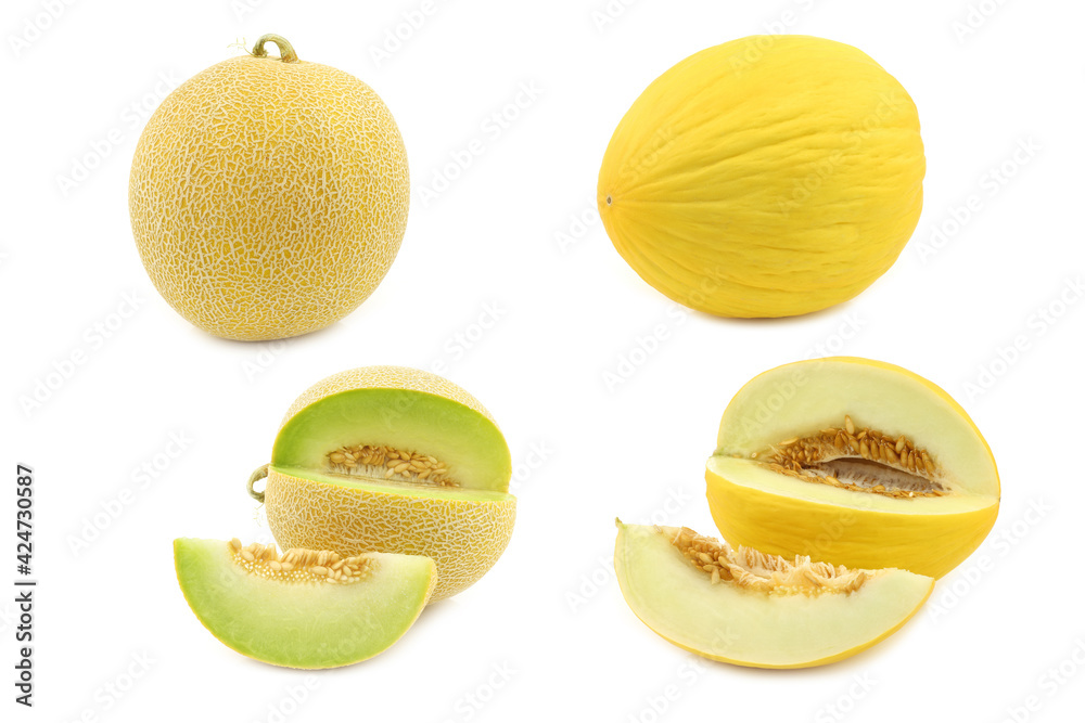 fresh galia melon and a honey melon and some pieces on a white background fresh galia melon and a honey melon and some pieces on a white background