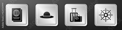 Set Passport, Elegant women hat, Suitcase and Ship steering wheel icon. Silver square button. Vector