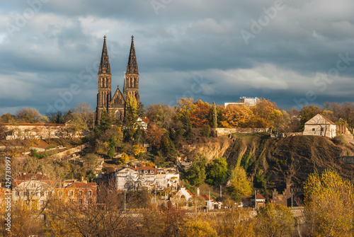 View of Vysehrad Castle and Basilica of St. Peter and Paul in Prague, Czech Republic, in autumn