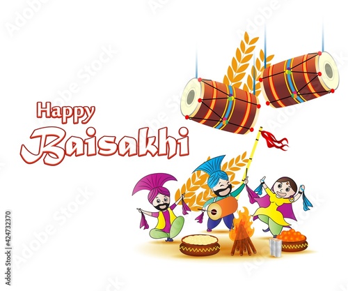 Vector illustration for happy Baisakhi, Indian punjabi festival with festival theme elements.