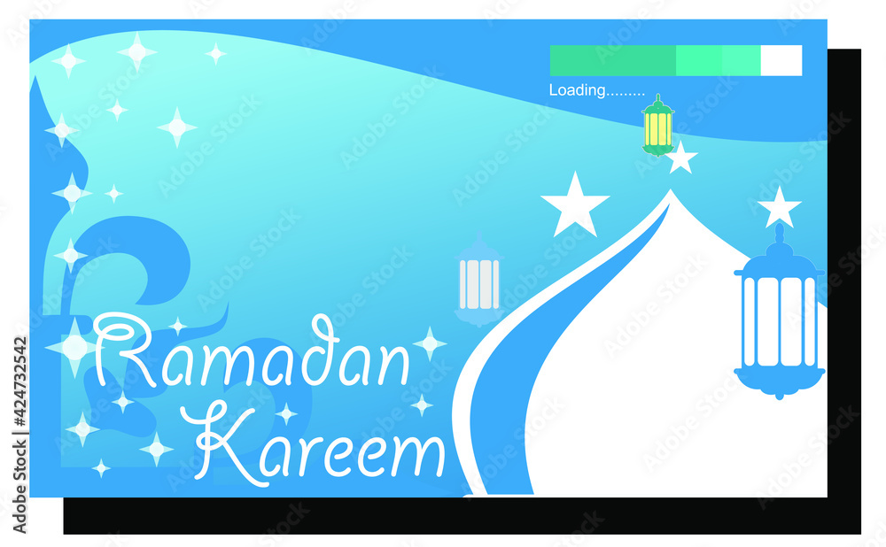 beautiful ramadan kareem greeting card design with mosque dome ornaments, stars, lanterns. Abstract blue white vector background