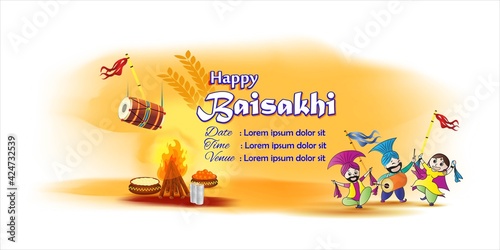 Vector illustration for happy Baisakhi, Indian punjabi festival with festival theme elements.