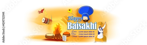Vector illustration for happy Baisakhi, Indian punjabi festival with festival theme elements.