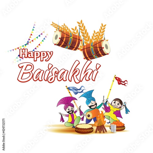 Vector illustration for happy Baisakhi, Indian punjabi festival with festival theme elements.