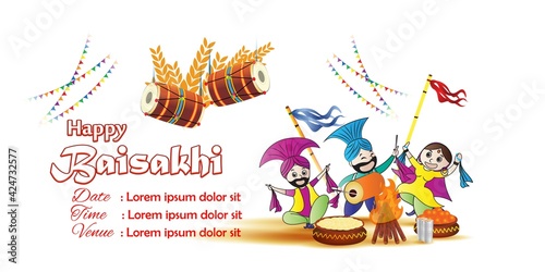 Vector illustration for happy Baisakhi, Indian punjabi festival with festival theme elements.