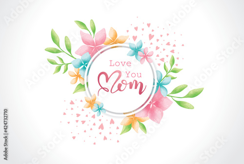 Happy Mother's Day poster and banner template with colorful flowers on white background. Vector illustration for women's day, shop, invitation, discount, sale, flyer, decoration.