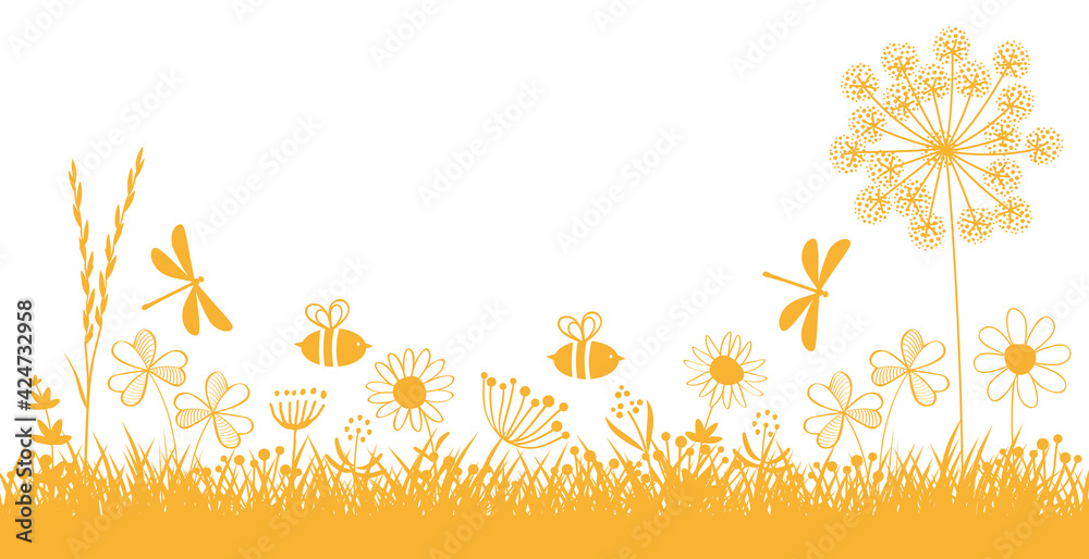 Blumenwiese gelb  im Sommer mit Bienen und Libellen, abstrakt, Vektor