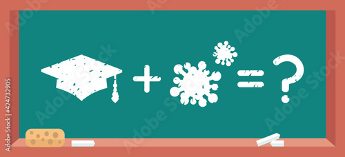 Academic square cap plus coronavirus germ - math example on blackboard