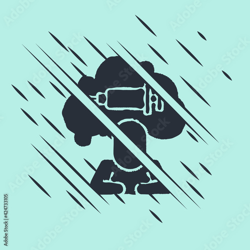 Black Addiction to the drug icon isolated on green background. Heroin, narcotic, addiction, illegal. Sick junkie with a syringe and medical pills. Glitch style. Vector