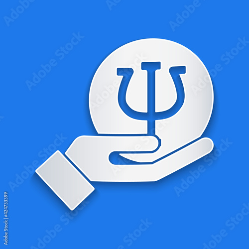 Paper cut Psychology icon isolated on blue background. Psi symbol. Mental health concept, psychoanalysis analysis and psychotherapy. Paper art style. Vector