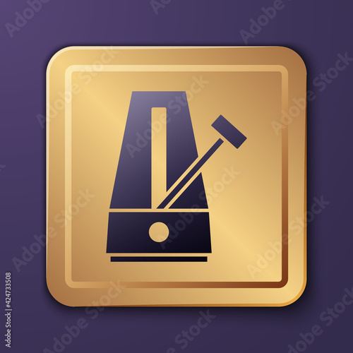Purple Classic Metronome with pendulum in motion icon isolated on purple background. Equipment of music and beat mechanism. Gold square button. Vector