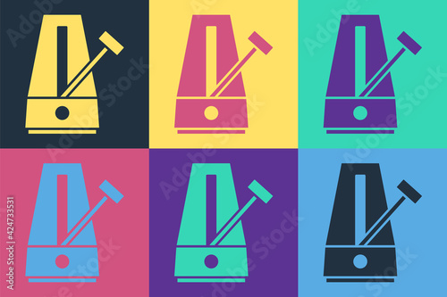 Pop art Classic Metronome with pendulum in motion icon isolated on color background. Equipment of music and beat mechanism. Vector