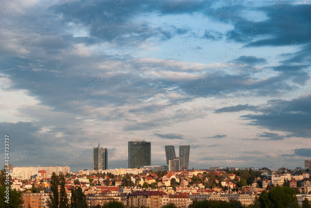 Fototapeta premium Scenery of Pankrac, modern district with skyscrapers in Prague, Czech Republic
