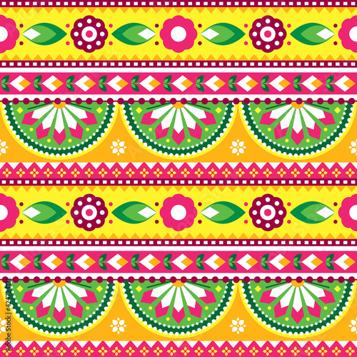 Indian and Pakistani truck art vector seamless pattern design, Diwali vibrant textile or fabric print pattern with floral motif
