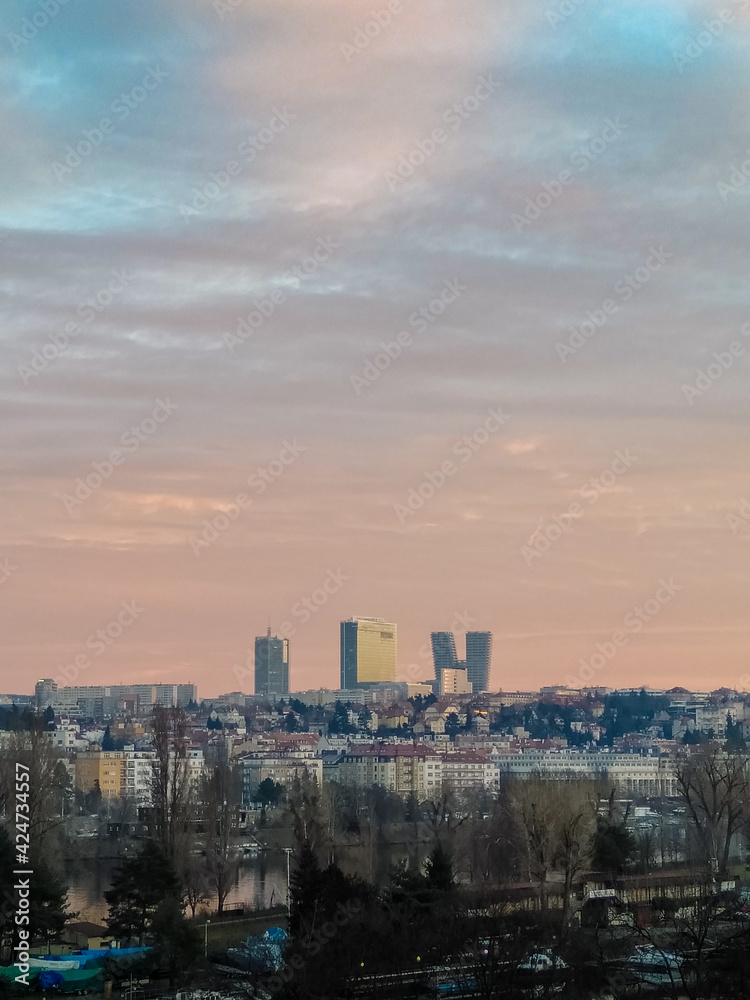 Scenery of Pankrac, modern district with skyscrapers in Prague, Czech Republic
