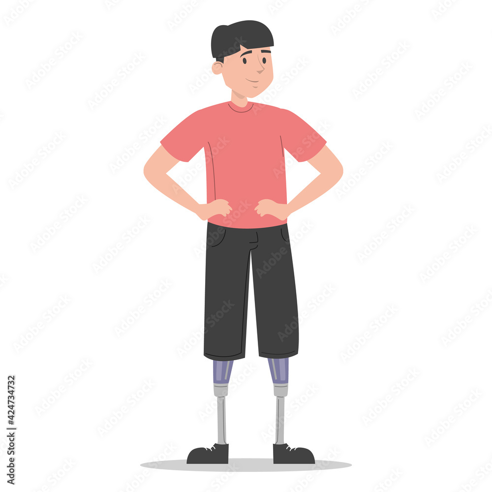 Happy young man with prosthetic legs vector isolated. Illustration of young adult wearing a prosthesis. Handicapped person, male character with artificial limbs.