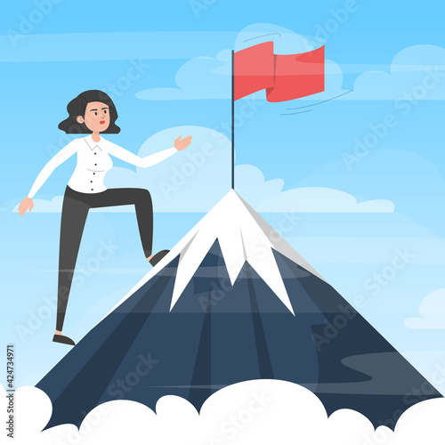 Businesswoman moving towards victory. Take your business to the next level concept. Vector illustration of woman in suit on top of the mountain with red flag as symbol of success and goal achievement.