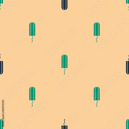 Green and black Menstruation and sanitary tampon icon isolated seamless pattern on beige background. Feminine hygiene product. Vector