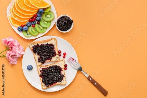Tasty breakfast on color background