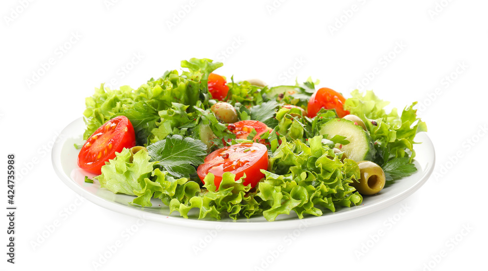 Plate of fresh salad with vegetables on white background Plate of fresh salad with vegetables on white background