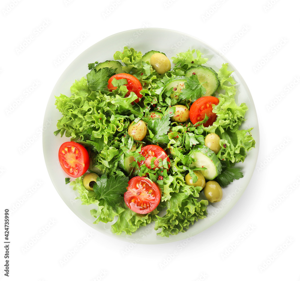 Plate of fresh salad with vegetables on white background Plate of fresh salad with vegetables on white background
