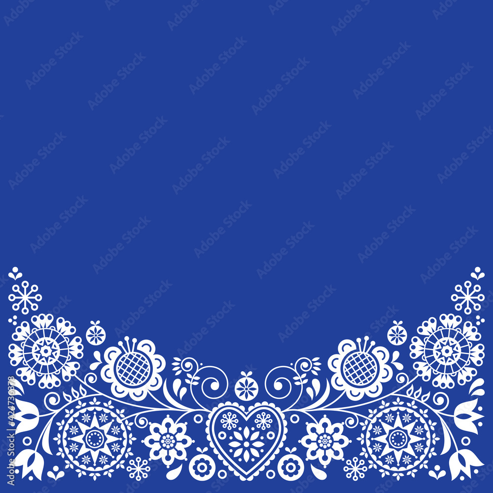 Folk art retro vector greeting card design, floral ornament inspired by Scandinavian art in white on navy blue
 - obrazy, fototapety, plakaty 