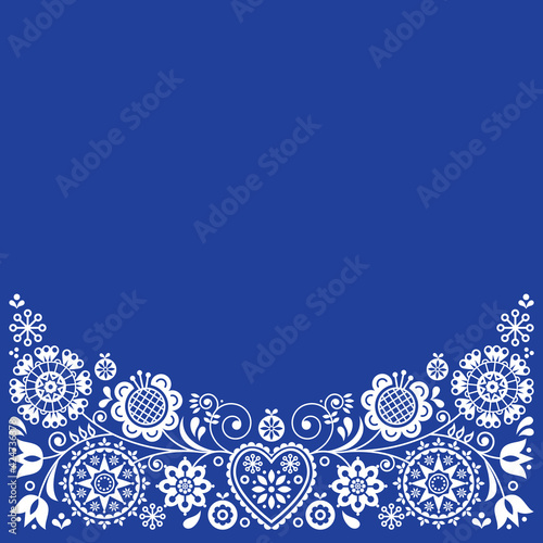 Folk art retro vector greeting card design, floral ornament inspired by Scandinavian art in white on navy blue
