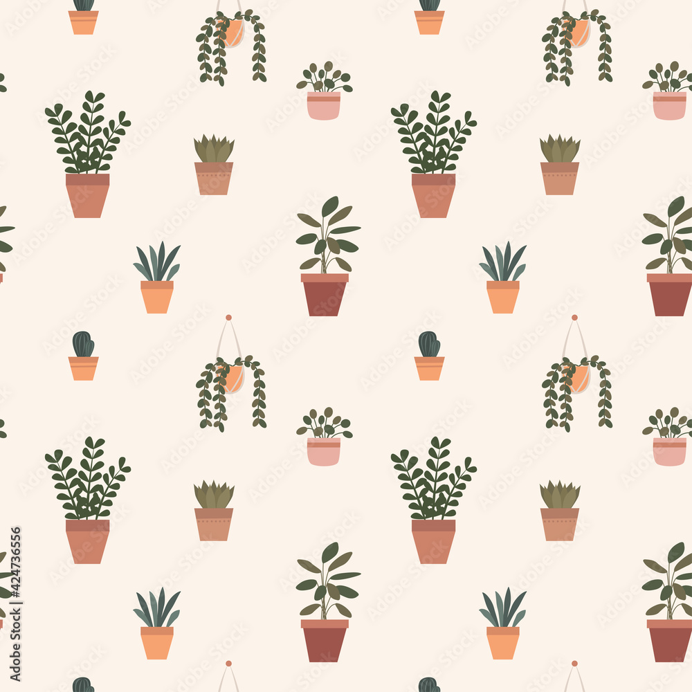 Fototapeta premium House plants seamless pattern. Vector illustration.
