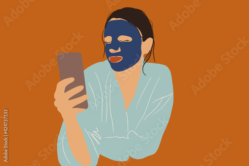Pretty woman with detox blue mask on face using phone and relax in bathrobe. Clean and beauty skincare concept. Wellness and anti-age. Vector Illustration.