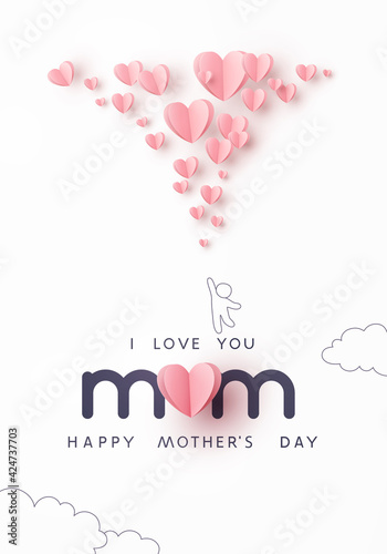 Mother's day postcard with paper flying elements and man on white sky background. Vector symbols of love in shape of heart for greeting card design
