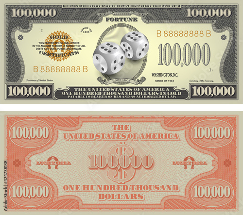 Paper money. Obverse and reverse of the lucky US 100000 dollars banknote. 3d platinum spherical dice, horseshoe, stylistic clover petals and bright radiant glow