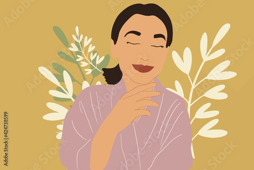 A portrait of a calm and relaxed woman in bathrobe and plant leaf on background. SPA and wellness routine. Vector Illustration.