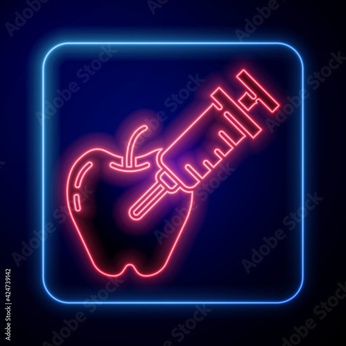 Glowing neon Genetically modified apple icon isolated on blue background. GMO fruit. Syringe being injected to apple. Vector