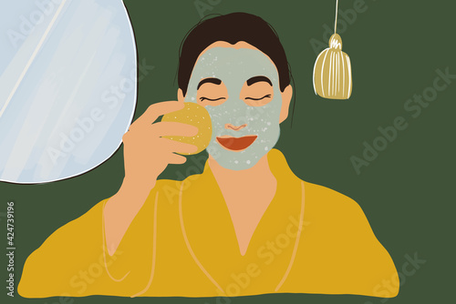 Pretty woman washes off the mask with a sponge from the face in yellow bathrobe. Clean and beauty skincare routine. Anti-age. Vector Illustration.