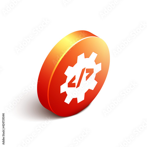 Isometric Web design and front end development icon isolated on white background. Orange circle button. Vector
