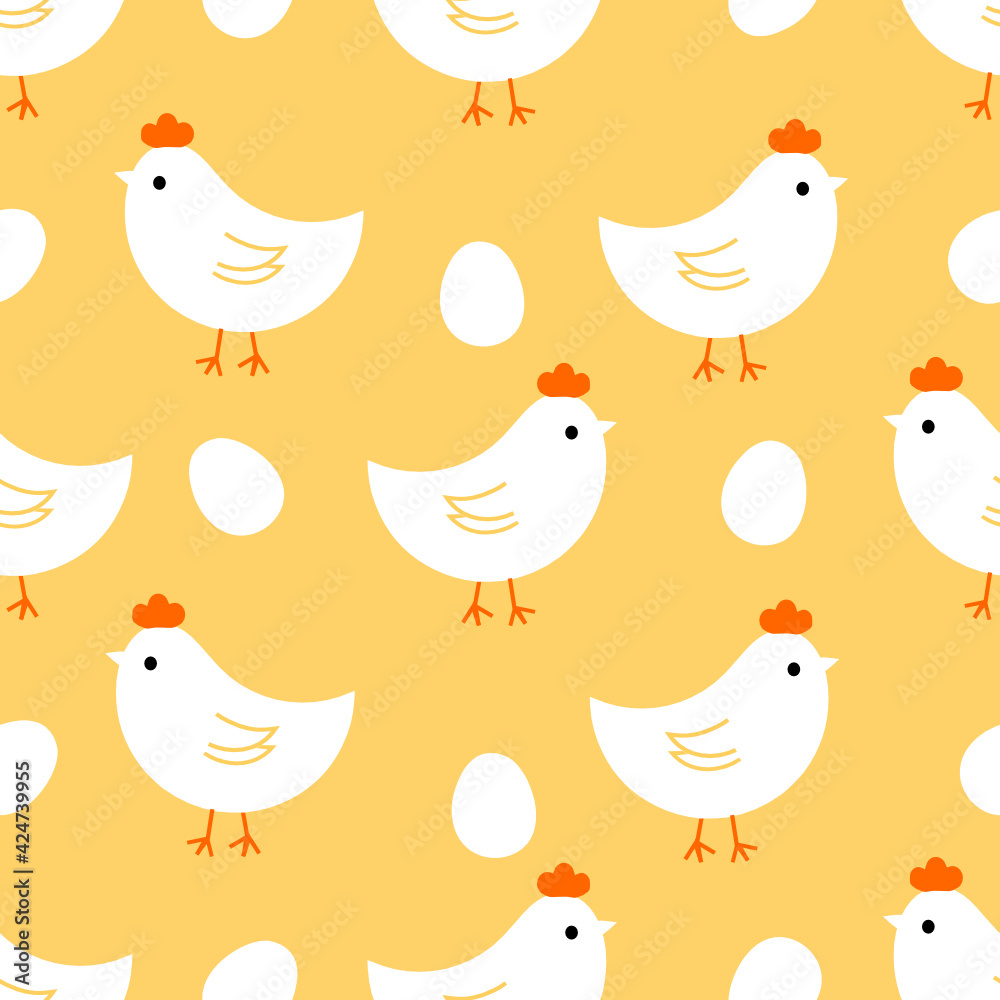 Seamless pattern with little chicken and eggs on yellow  background vector illustration.