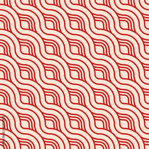 Abstract seamless. Seamless braided linear pattern, wavy lines. Endless striped texture with winding elements. Red lines on beige background. Vector geometric color background.