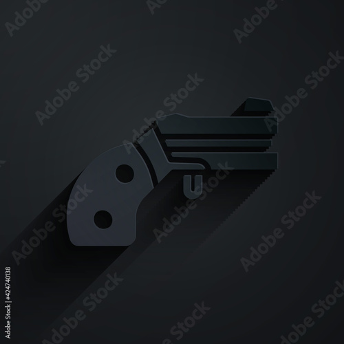 Paper cut Small gun revolver icon isolated on black background. Pocket pistol for self-defense. Ladies revolver. Spy Weapon. Paper art style. Vector