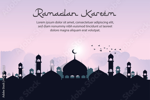 Ramadan kareem islamic greeting background design with silhouette mosque and arabic calligraphy vector