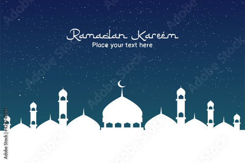 Ramadan kareem islamic greeting background design with blue sky and white silhouette mosque and arabic calligraphy vector