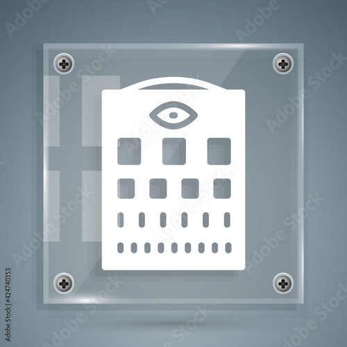 White Eye test chart icon isolated on grey background. Poster for vision testing in ophthalmic study. Snellen chart. Square glass panels. Vector