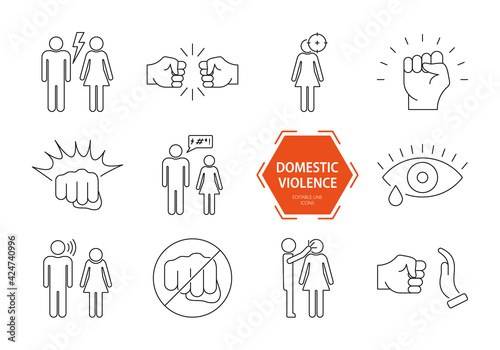 Domestic violence icons set. Domestic abuse line icons. Set of family violence and discrimination woman. Vector illustration. Editable stroke