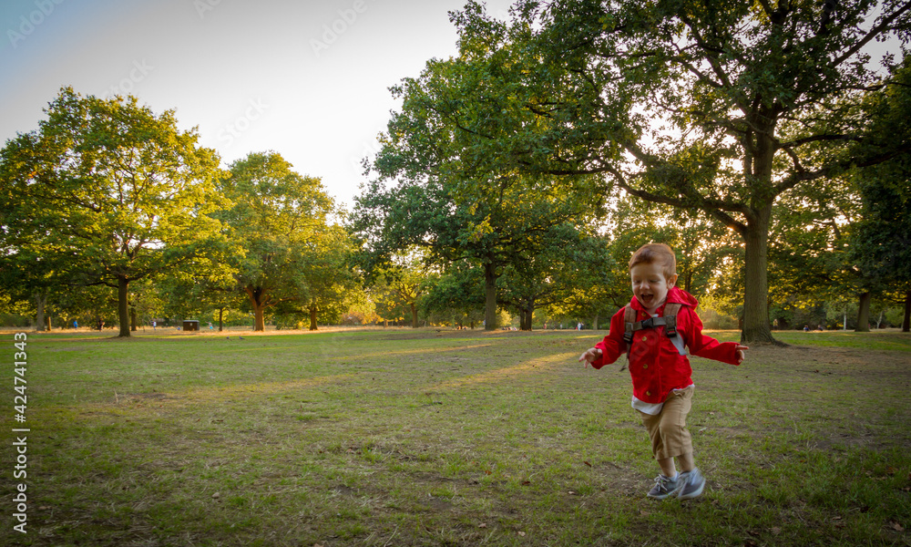 Cute Baby Boy Running in a Park on a Sunny Evening Cute Baby Boy Running in a Park on a Sunny Evening